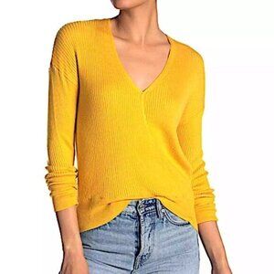 Elodie Faux Wrap Surplice Sweater Ribbed V Neck Knit top Mustad Yellow SZ XS New